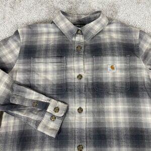 Carhartt Flannel Shirt Womens Small Loose Fit Rugged Flex Plaid Button Up Grey